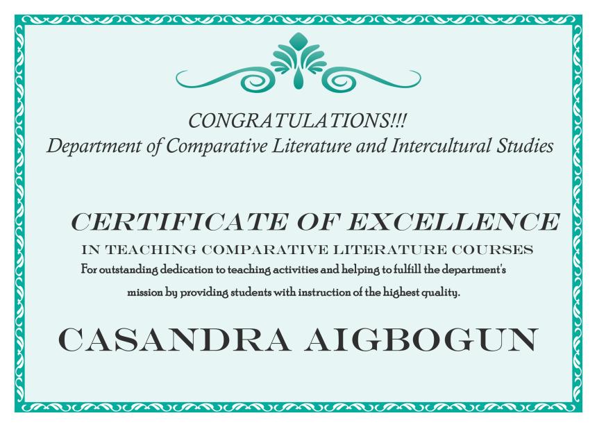Certificate of Excellence Cassandra Aigbogun