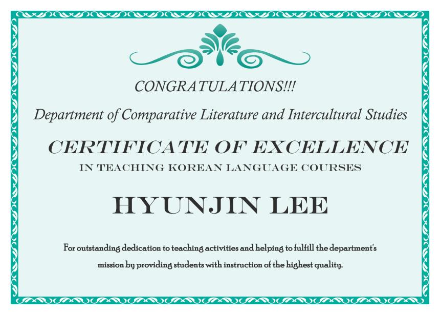 Certificate of Excellence Hyunjin Lee